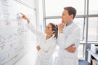 Science student and lecturer looking at whiteboard