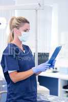 Dentist in mask and blue scrubs using her tablet