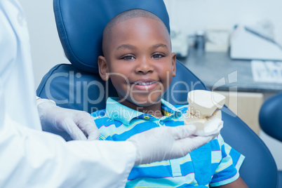 Cropped dentist showing boy prosthesis teeth