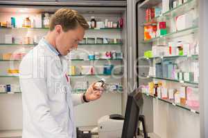 Handsome pharmacist using the computer