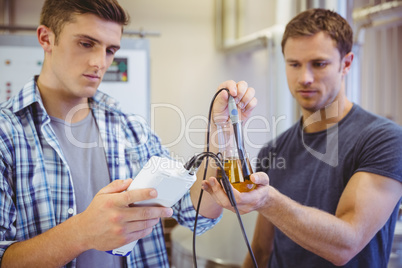 Two casual men testing beer in the beaker