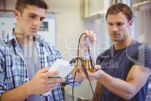 Two casual men testing beer in the beaker
