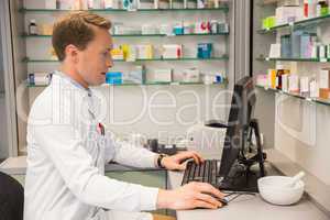 Handsome pharmacist using the computer