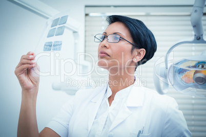 Female dentist looking at x-ray