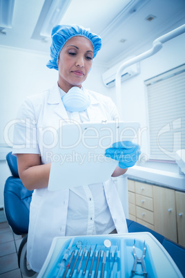 Dentist checking reports Dentist checking reports