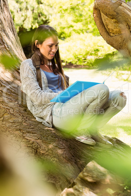 Smiling student sitting on trunk and reading book