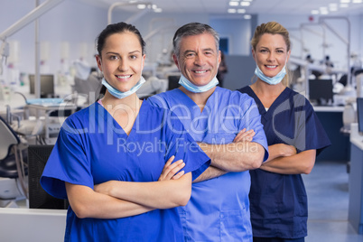 Portrait of smiling co-workers in a line with arms crossed