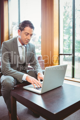 Focused handsome businessman working at laptop