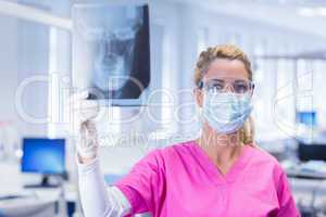 Dentist holding an x-ray and looking at camera