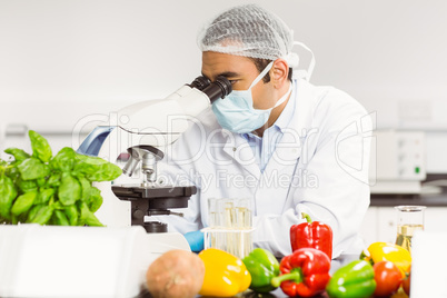 Food scientist using the microscope