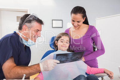 Pediatric dentist explaining to mother and her daughter the x-ra