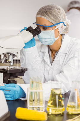 Food scientist using the microscope