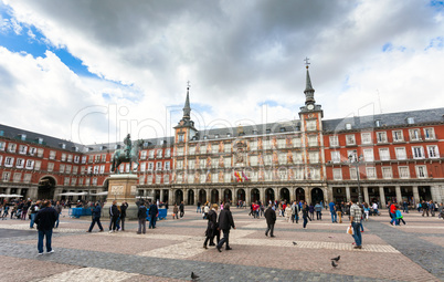 Tourists visiting Plaza Mayor in Madrid, Spain