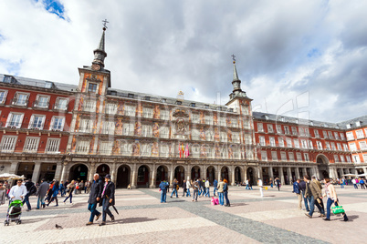 Tourists visiting Plaza Mayor in Madrid, Spain