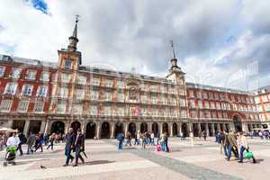 Tourists visiting Plaza Mayor in Madrid, Spain