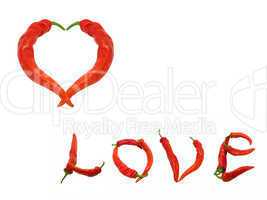 Heart and word Love composed of red chili peppers