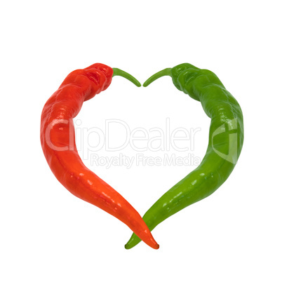 Red and green chili peppers in love