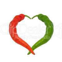 Red and green chili peppers in love