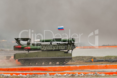 Buk-M1-2 surface-to-air missile systems in smoke