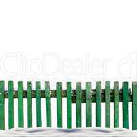 snowy old green wooden fence isolaten on white background