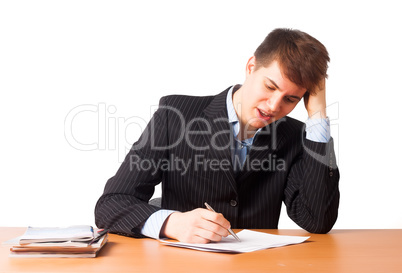 Cute man writing document