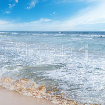 ocean, sandy beach and blue sky