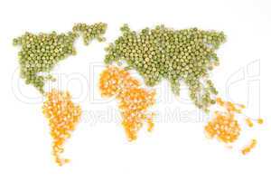 Weltkarte aus Erbsen und Mais