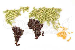 Weltkarte aus Erbsen, Mais und Kaffee