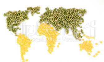 Weltkarte aus Erbsen, Mais und Kaffee