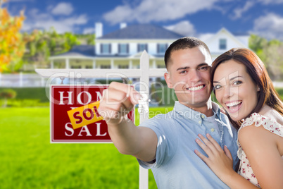 Military Couple In Front of Home, House Keys and Sign