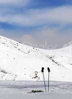 Ski and skiing equipment on slope