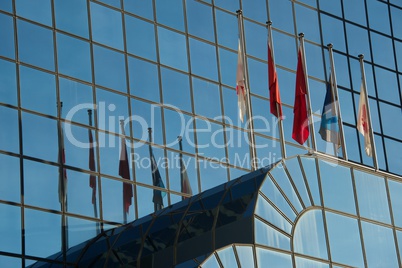 Five flags and their reflections in building