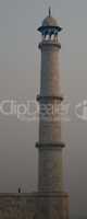 Man standing next to Taj minaret at dawn