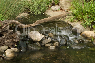 Waterfall in rocky stream spanned by log