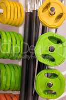 Colorful new weights in a gym or shop
