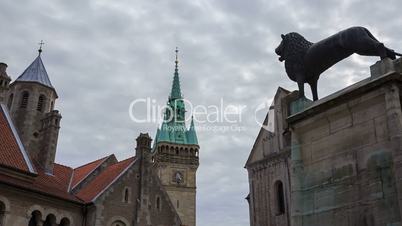 Braunschweig old buildings and lion statue near Dom, timelapse