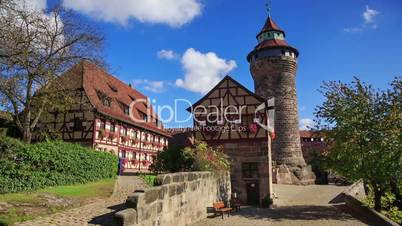 Nuremberg Castle (Sinwell tower) with blue sky and clouds timelapse, Germany