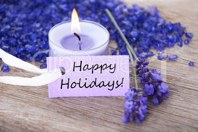 Purple Label With Text Happy Holidays And Lavender Blossoms