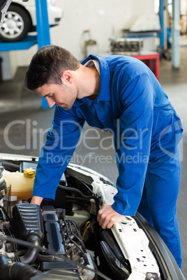 Mechanic examining under hood of car