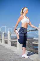 Fit blonde stretching on the pier