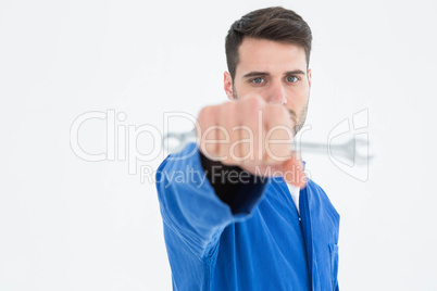 Confident young male mechanic holding spanner