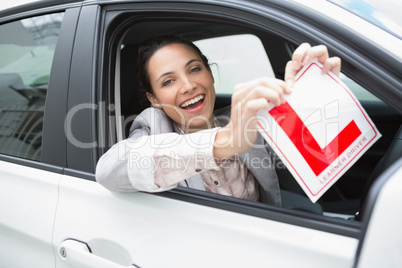 Smiling female driver tearing up her L sign