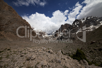 Mountains and sky with clouds. Wide angle view.