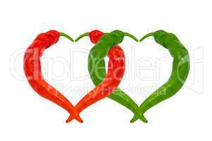 Red and green chili peppers in love. Hearts composed of peppers.