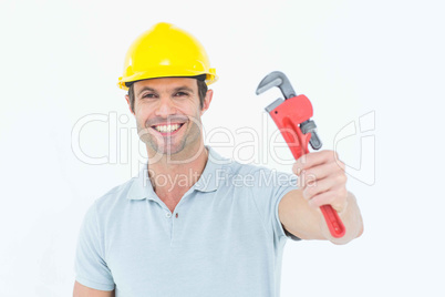 Happy handyman holding monkey wrench