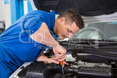 Mechanic using screwdriver on engine