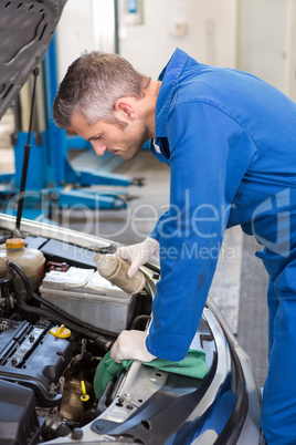 Mechanic pouring oil into car