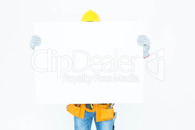 Architect with bill board over white background