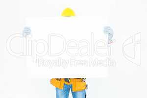 Architect with bill board over white background