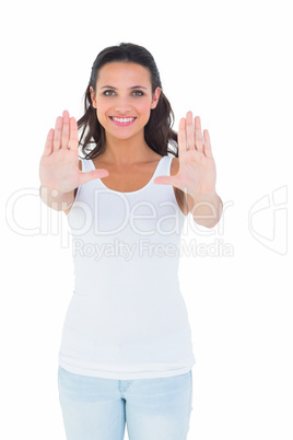 Pretty brunette presenting with hands Pretty brunette presenting with hands